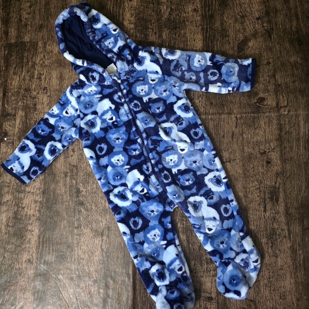 MICK MACK Fleece Hooded Onesie Baby 6-9 Months Blue Excellent Teddy Bear Print